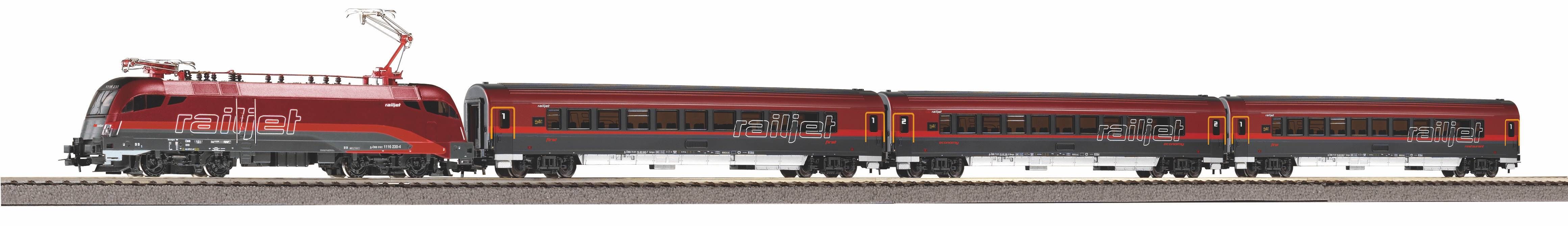 Confezione Iniziale con Locomotiva elettrica Railjet ÖBB e 3 carrozze. Binari con massicciata