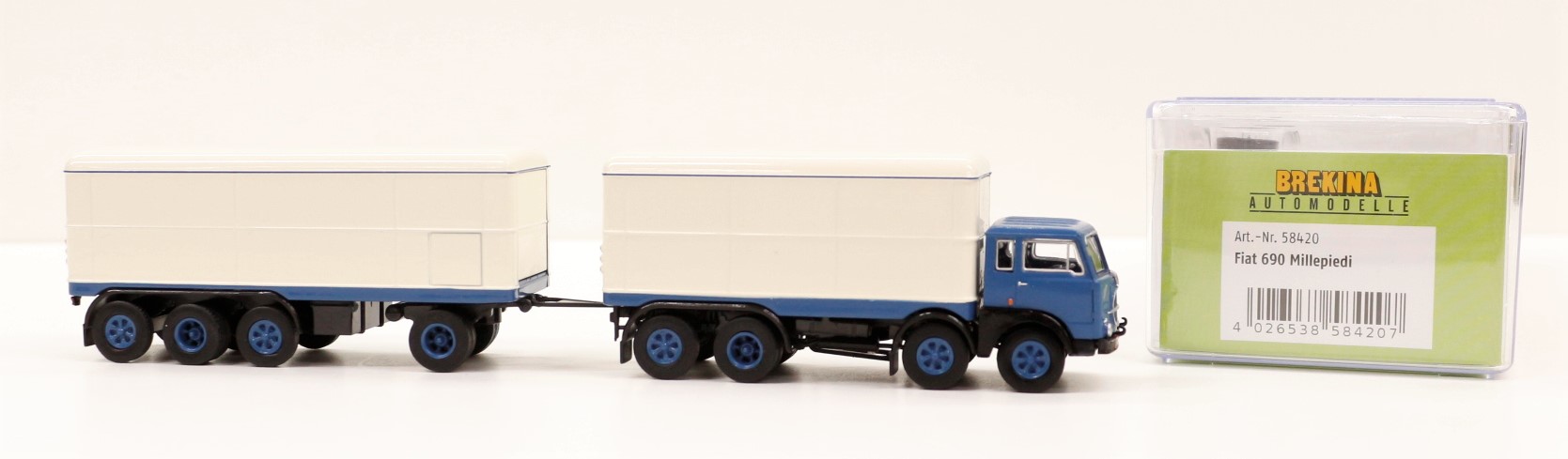 BREKINA 58420 - Fiat 690 Millepiedi autocarro cassonato con rimorchio, colore blu. Brekina Starline Scala H0 1/87
