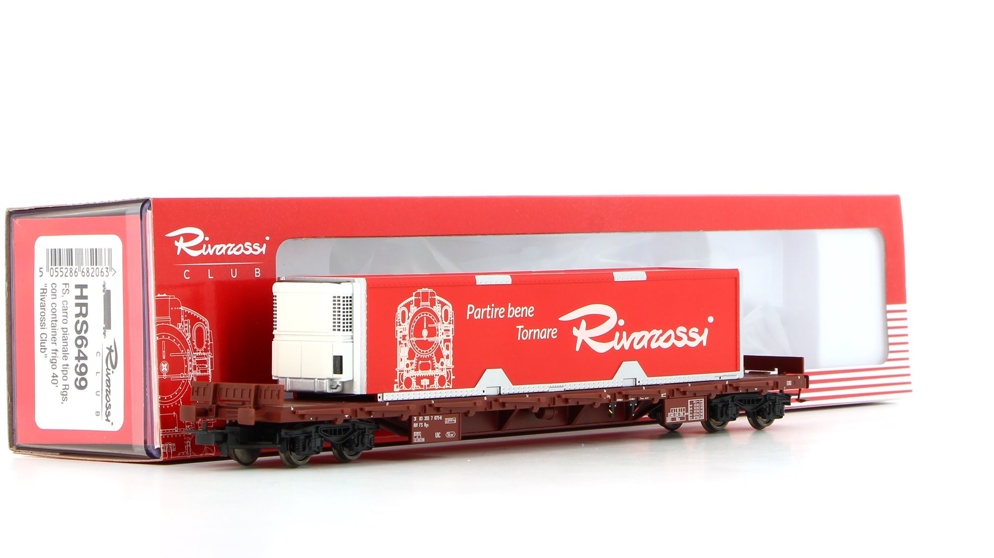 Rivarossi HRS6499 FS, carro pianale a 4 assi tipo Rgs, caricato con container refrigerato da 40' '' Rivarossi''